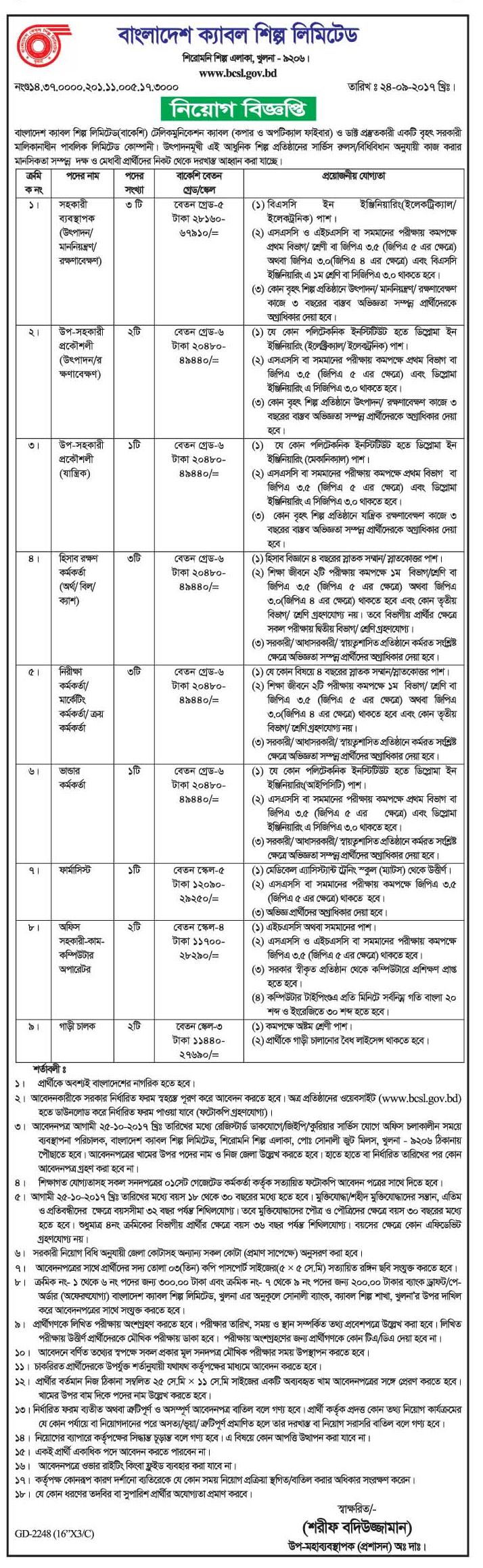 Bangladesh Cable Shilpa Limited Job Circular 2017